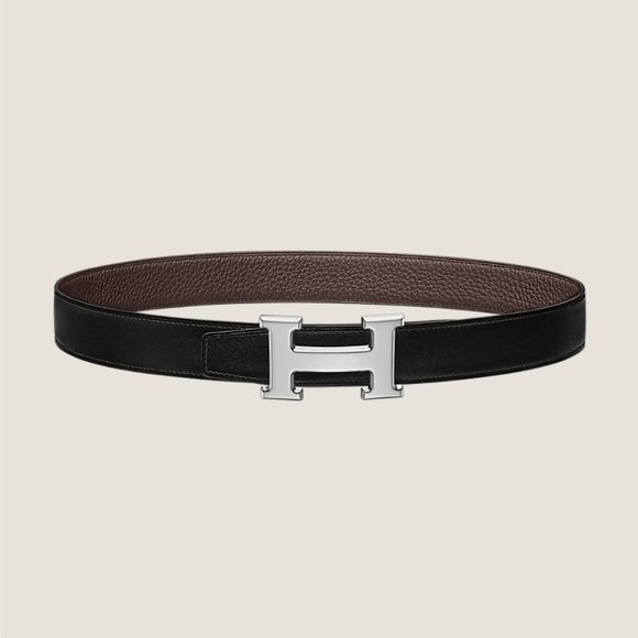 Hermes Silver H Belt Buckle & Reversible Leather Belt (Noir/Chocolat) Size 80 main image 12